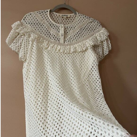 listicle Ivory Textured Woven Halter Neck mini dress Ruffle Sz S Short Sleeve - Picture 6 of 11
